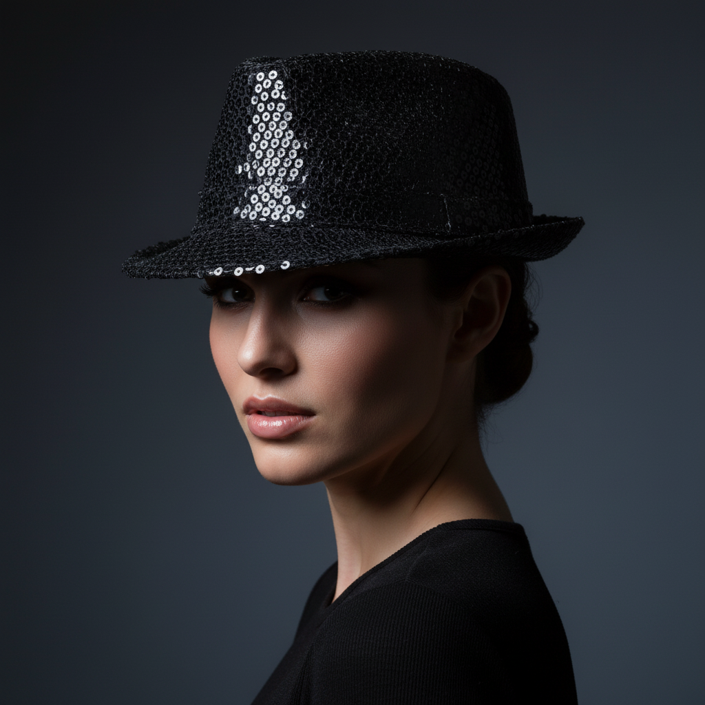 Close-up glamour fashion shot of woman wearing Black Sequin Trilby Hat, sequins in sharp focus with cinematic moody lighting