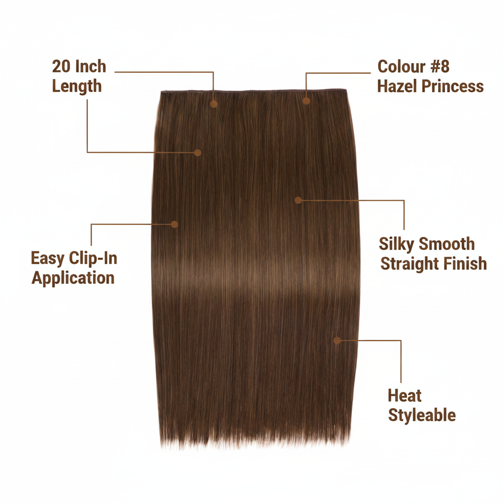 Feature infographic for 20 inch one piece straight clip-in hair extension Colour #8 Hazel Princess showing key product benefits