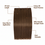 Feature infographic for 20 inch one piece straight clip-in hair extension Colour #8 Hazel Princess showing key product benefits