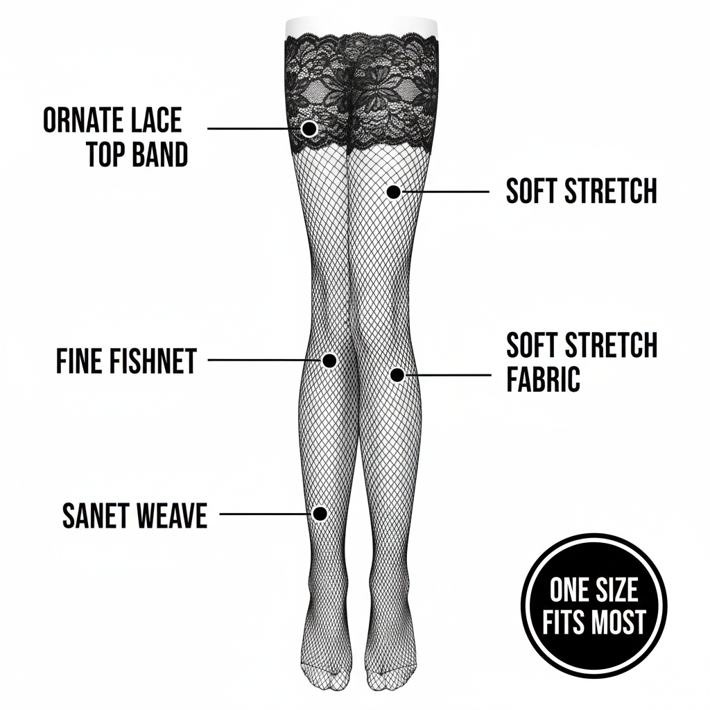 Black fishnet thigh high stockings feature infographic with callout labels for lace top band, fishnet weave, stretch fabric and one size fits most