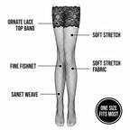 Black fishnet thigh high stockings feature infographic with callout labels for lace top band, fishnet weave, stretch fabric and one size fits most
