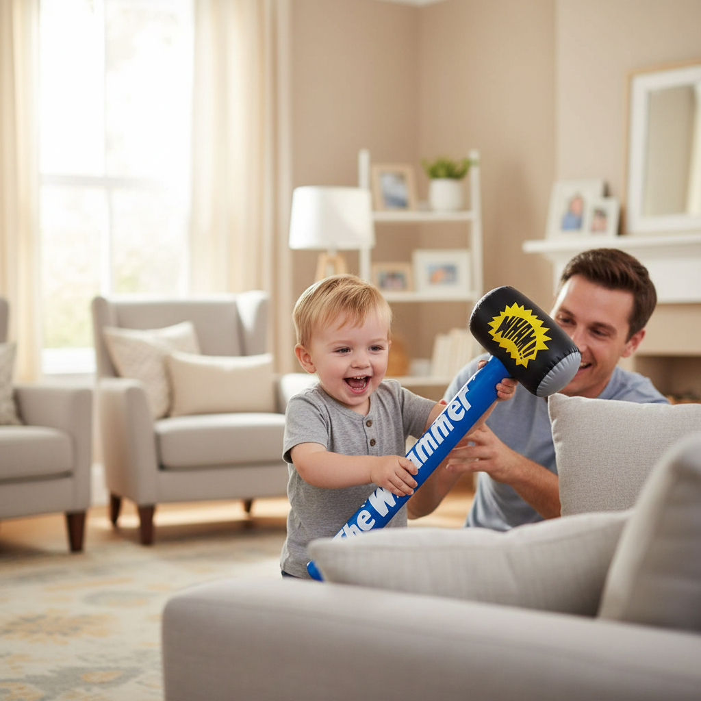Parent and child playing with inflatable Whammer Hammer in living room