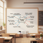Organised whiteboard covered in colourful mind-map written with Swift whiteboard markers in black, blue and red ink showing the end result