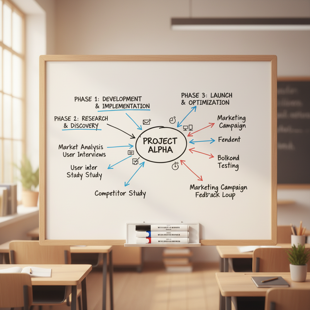 Organised whiteboard covered in colourful mind-map written with Swift whiteboard markers in black, blue and red ink showing the end result