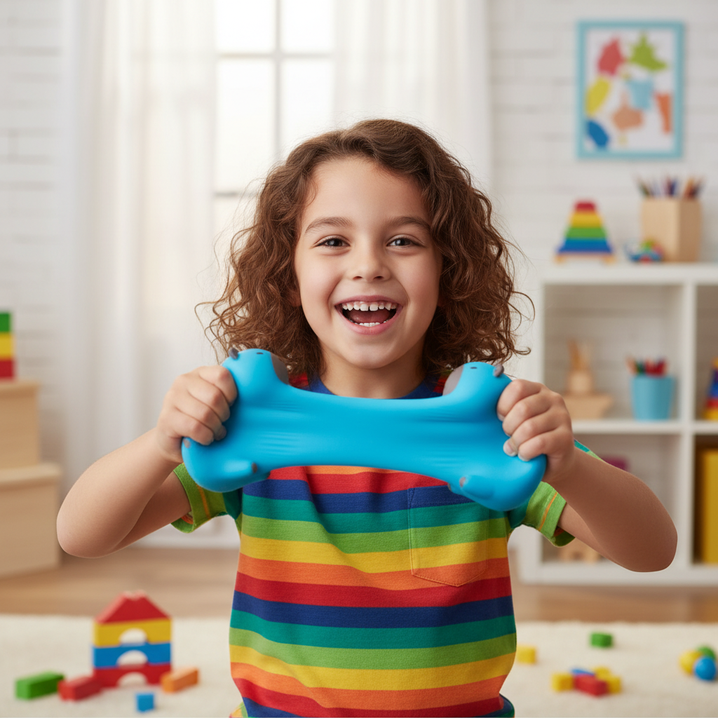 Child stretching and squishing blue stretchy capybara squeeze toy with both hands in playroom