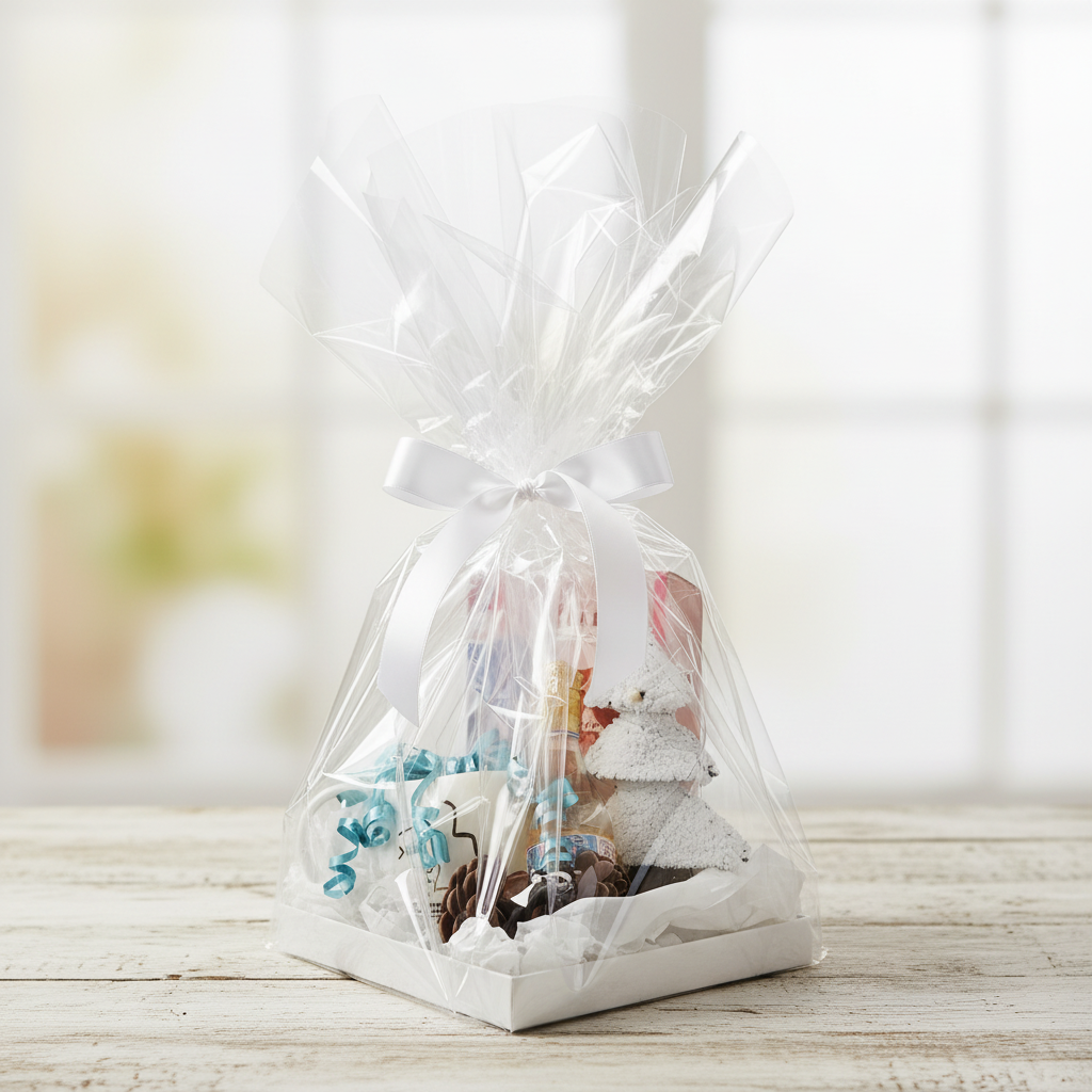 Finished gift hamper beautifully wrapped in crystal-clear cellophane with white satin ribbon bow
