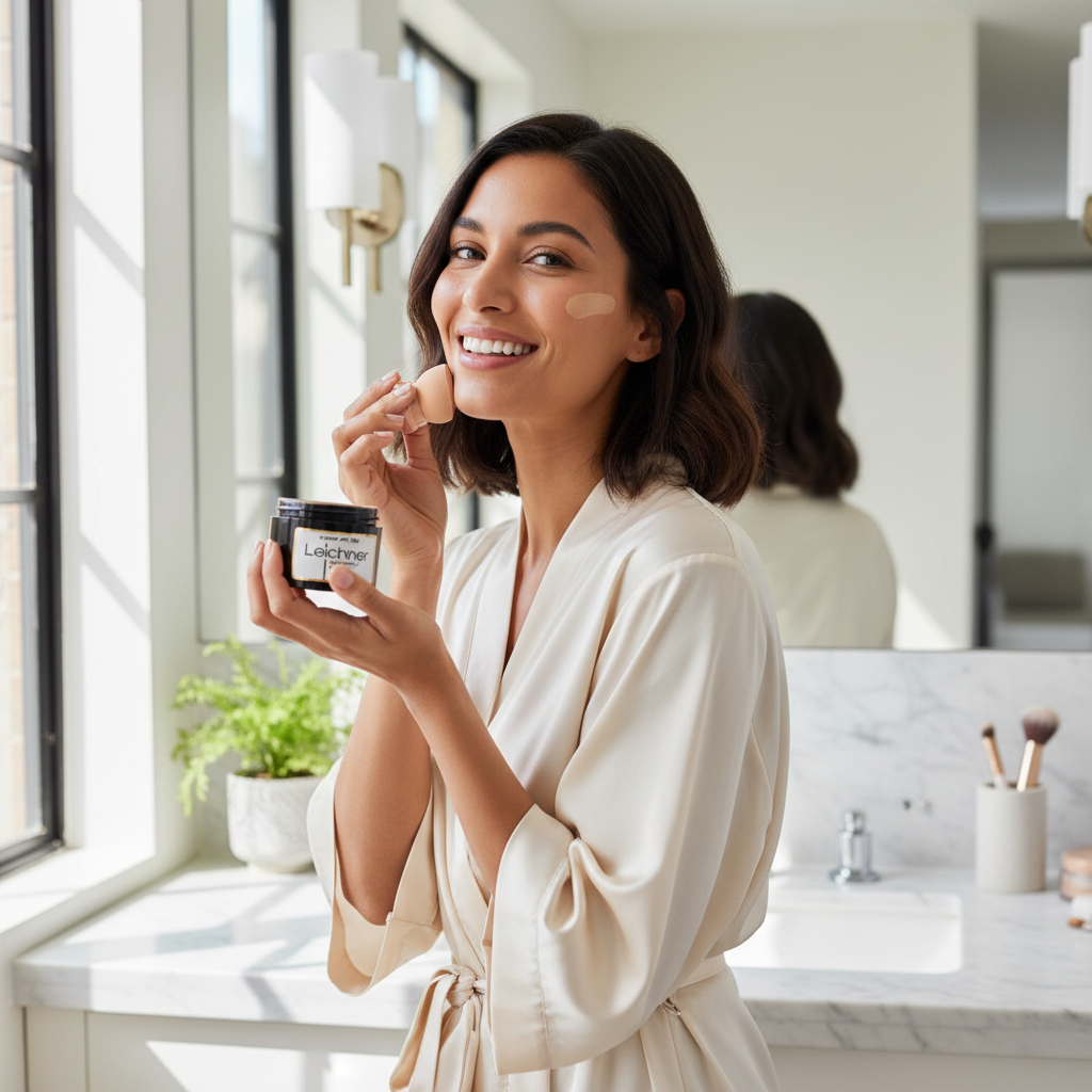 Woman with tan skin applying Leichner Camera Clear Foundation in modern bathroom