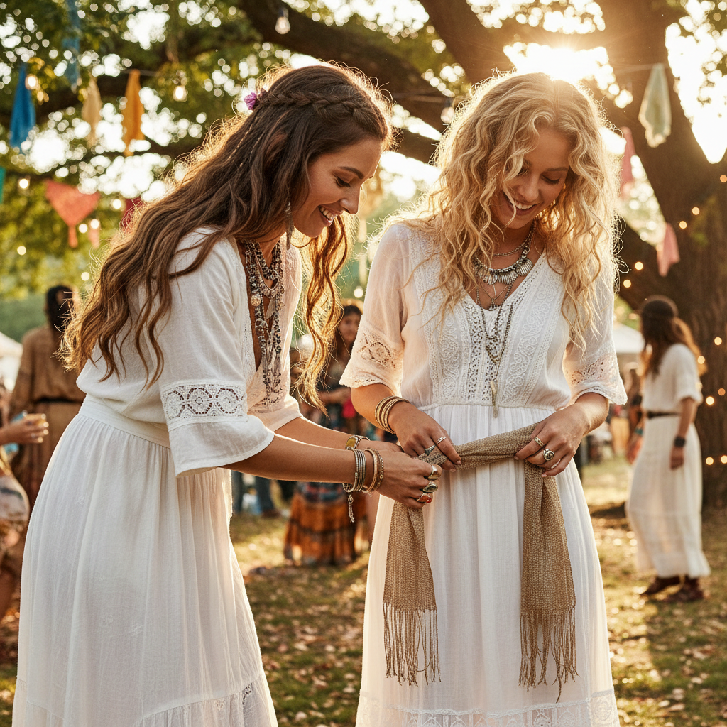 Two bohemian women friends outdoors in sunlight, one tying a metallic gold fringe scarf around the other's waist over a maxi dress