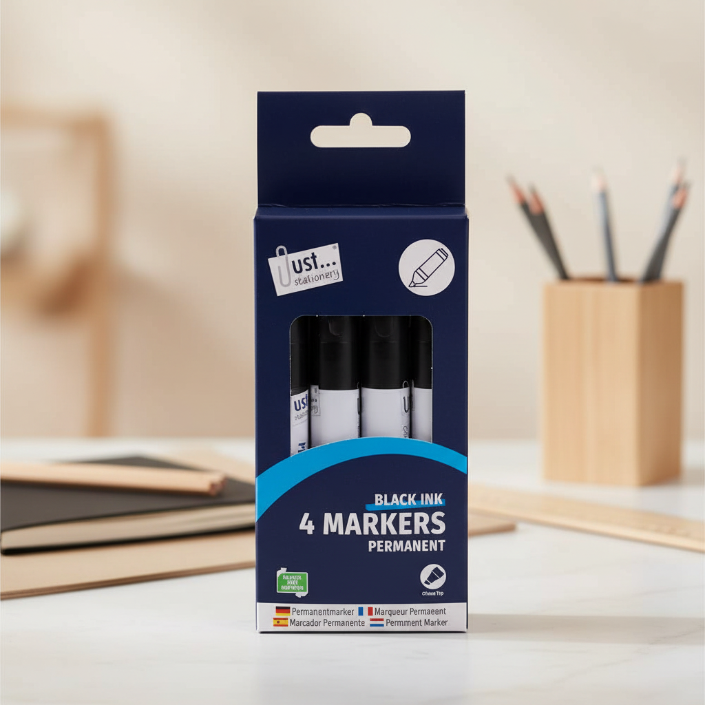 Tallon 4 pack black permanent markers chisel tip on a styled creative desk, premium product shot
