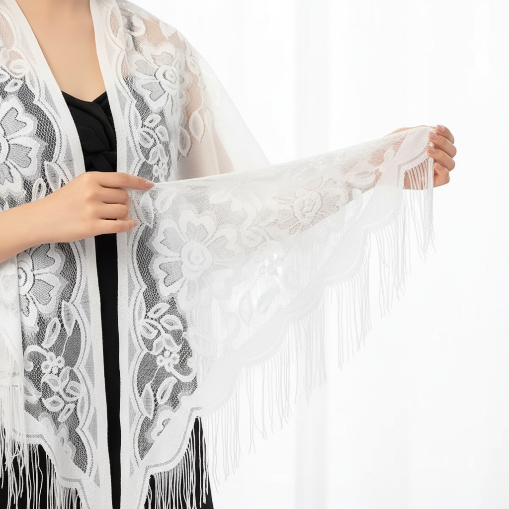 Close-up detail of white lace triangular shawl scarf showing intricate delicate lace pattern and fine texture