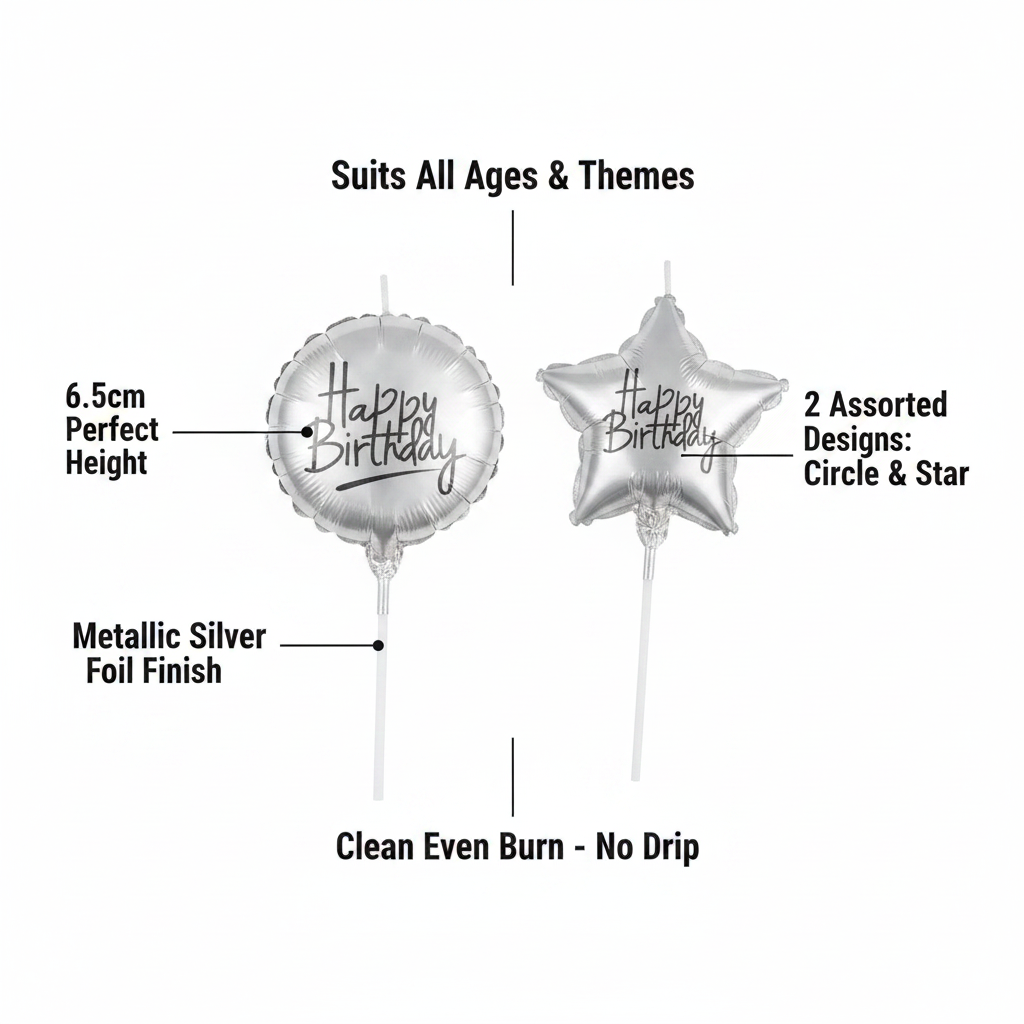 Premium feature infographic for 6.5cm silver birthday candles showing key features including height, foil finish, and designs