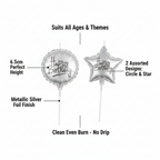 Premium feature infographic for 6.5cm silver birthday candles showing key features including height, foil finish, and designs