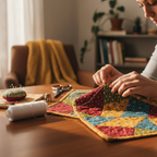 Close-up of hands quilting with white cotton thread, showing the thread in use on a colorful fabric project