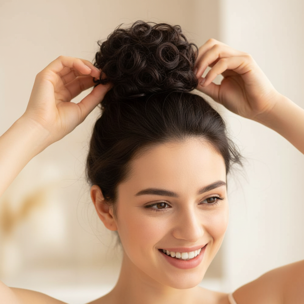Woman styling her hair with a dark brown curly messy hair bun clip-in hairpiece shade 2 Nigella, candid natural moment with bokeh background