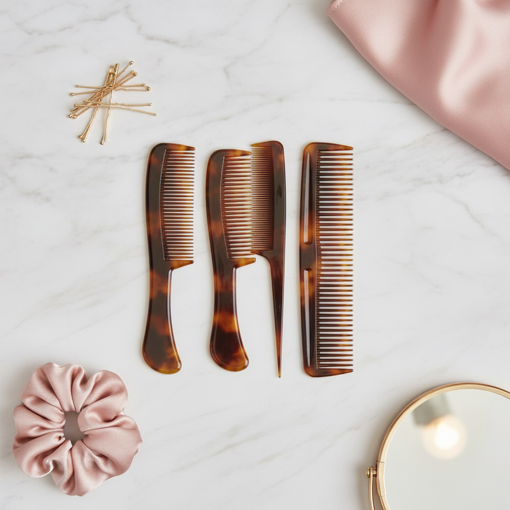 Flat lay of tortoiseshell hair comb set with hair accessories on pink marble - Hair Comb Set