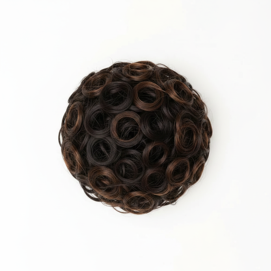 Heat resistant curly messy hair bun in dark brown shade 2 Nigella on pure white background, Amazon and eBay compliant hero shot