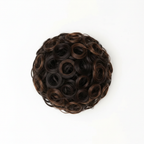 Heat resistant curly messy hair bun in dark brown shade 2 Nigella on pure white background, Amazon and eBay compliant hero shot