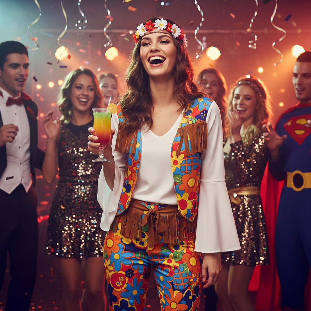 Woman wearing Adults Flower Hippie Costume at Halloween party — flower power fancy dress costume for adults