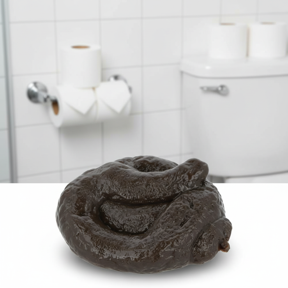 Joke Sticky Poo realistic fake poo prank toy on bathroom background