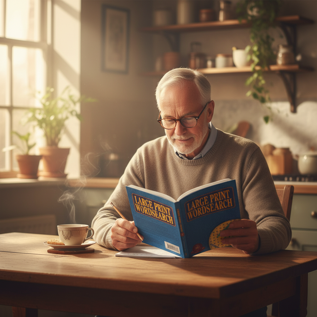 Retired man solving Large Print Wordsearch Book at kitchen table with a cup of tea