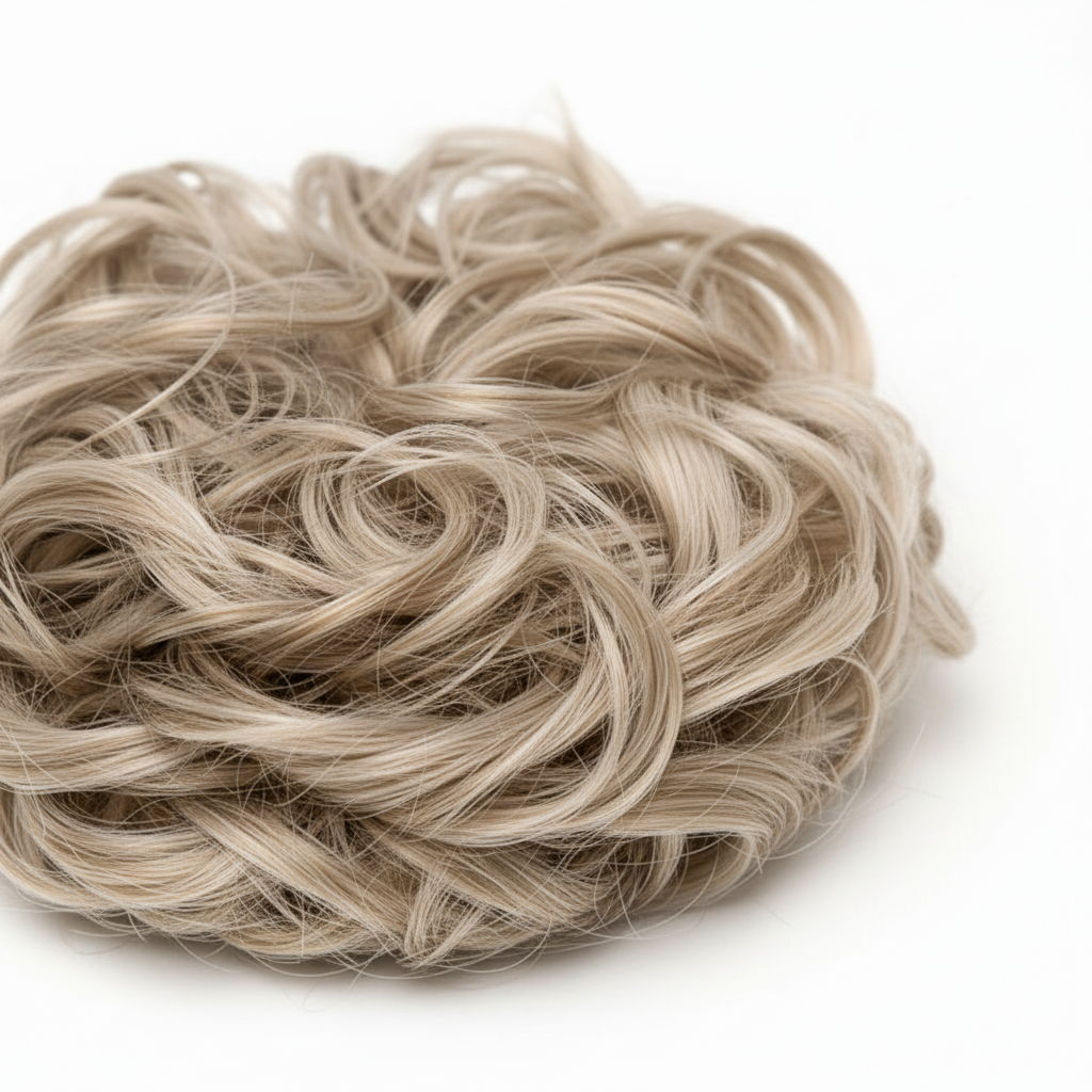 Extreme macro close-up of cool ash blonde curly hair bun 112 Ash Moon showing individual curl texture, pale ash silver sandy tones and strand craftsmanship