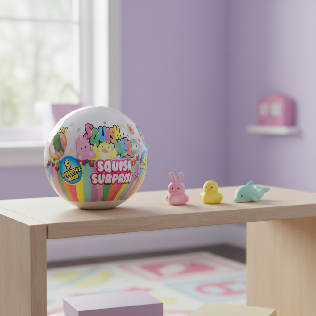 HTI Squish Surprise Ball displayed in a child's colourful playroom with pastel squishy toys, natural window light, rule of thirds