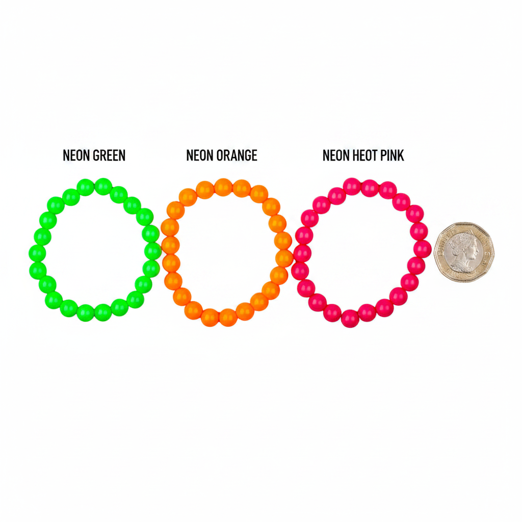 Flat lay of all 4 neon bead bracelets beside a £1 coin showing scale, white background