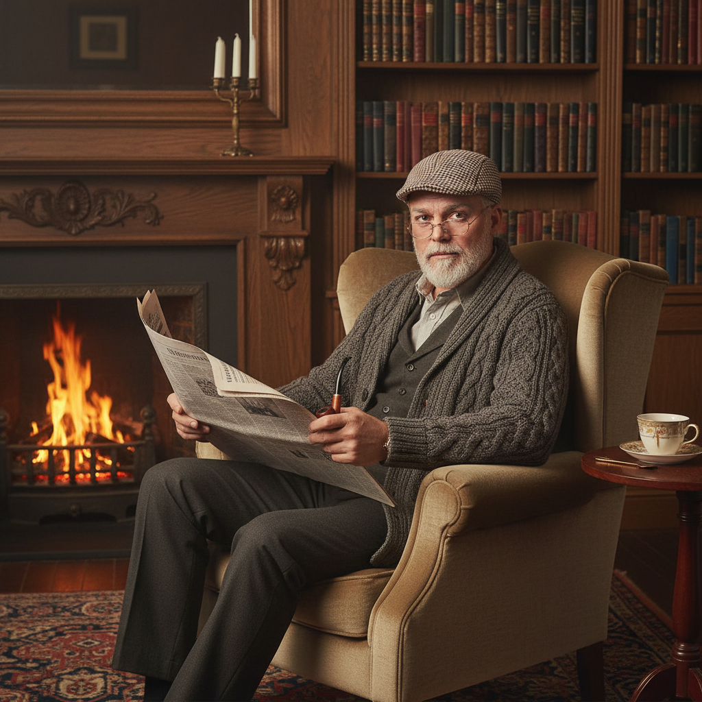 Elderly gentleman character wearing faux tweed houndstooth cap with round glasses in traditional British setting