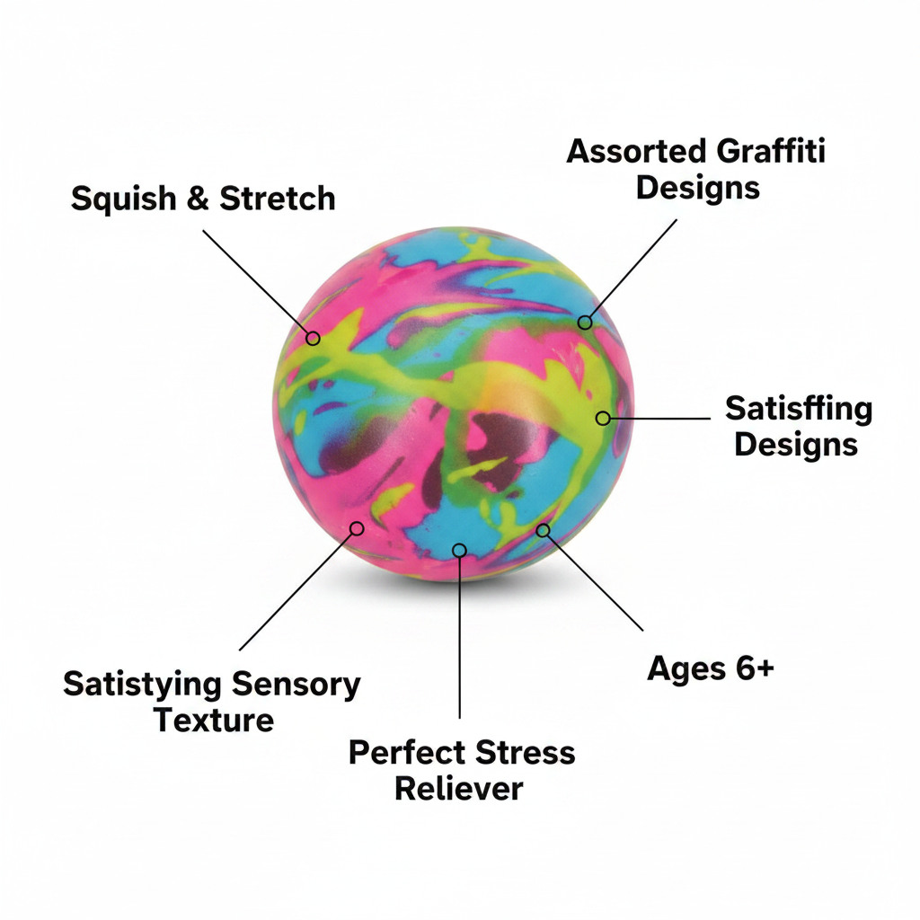 Squishy Graffiti Ball feature infographic with callout labels highlighting squish and stretch, assorted designs, sensory texture, ages 6 plus, and stress relief