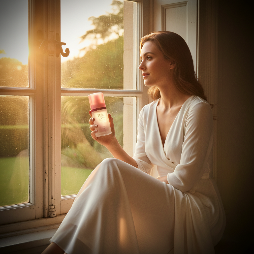 Elegant woman at sunlit window holding Taylor of London White Satin EDT, golden hour aspirational lifestyle scene