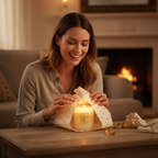 Woman delighted receiving a Happy Birthday Confetti Candle as a birthday gift