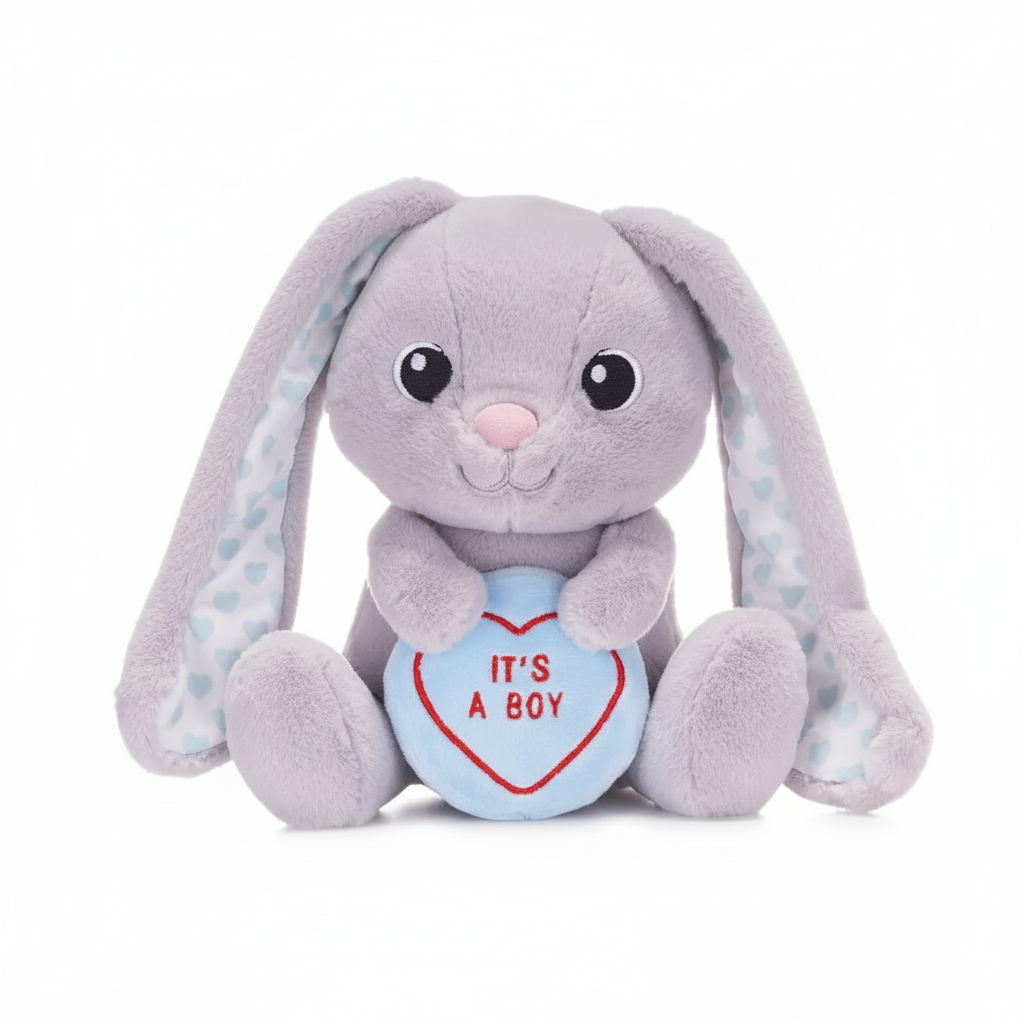 Swizzels Love Heart It's A Boy 18cm soft plush bunny toy on white background, perfect newborn baby boy gift