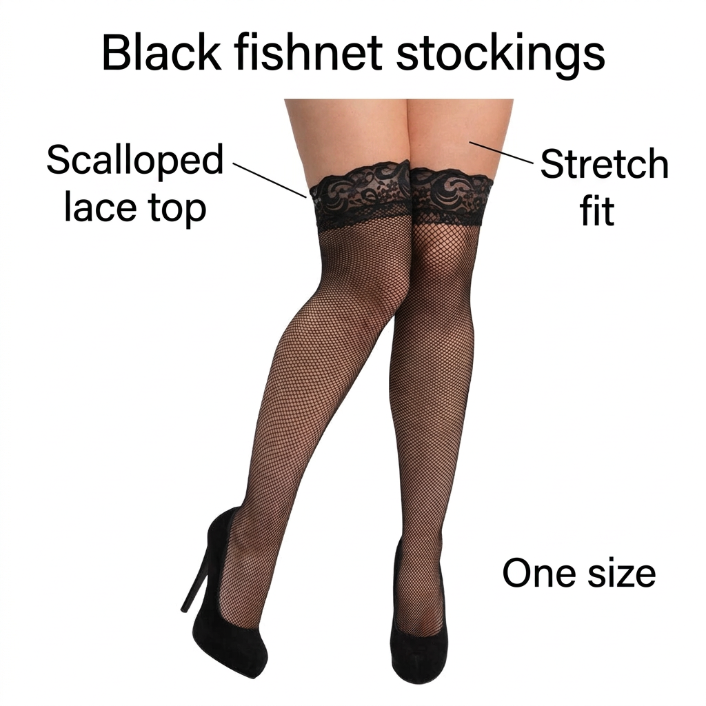 Black fishnet stockings feature graphic with scalloped lace top, stretch fit and one-size captions