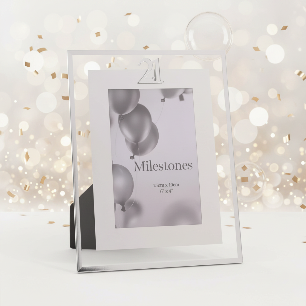 Milestones Silver Age 21 Photo Frame 4x6 on champagne birthday celebration background