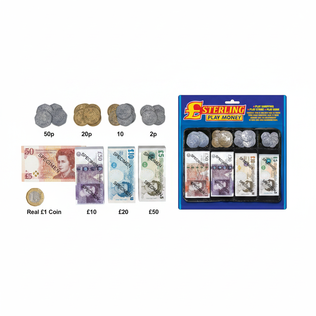 Flat lay of all Sterling Play Money contents including banknotes and coins beside a £1 coin for scale reference