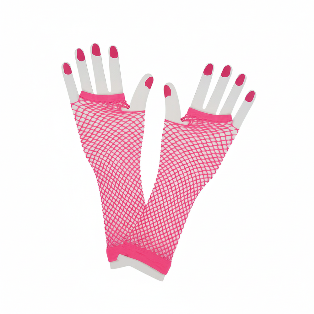 Women's 80s neon hot pink fishnet net gloves on pure white background, studio hero shot