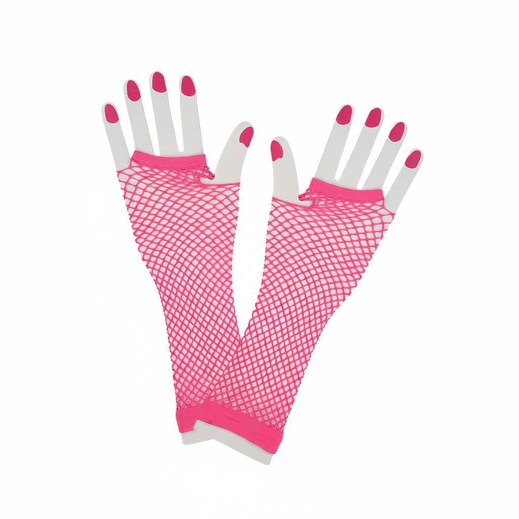 Women's 80s neon hot pink fishnet net gloves on pure white background, studio hero shot