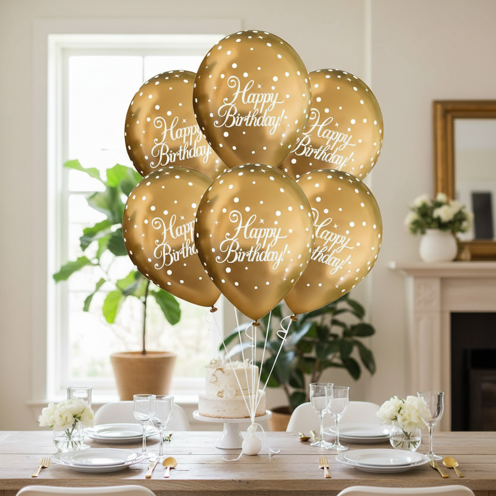 Six gold sparkling fizz Happy Birthday balloons tied to an elegantly styled birthday party table with cake and gold decorations in natural window light