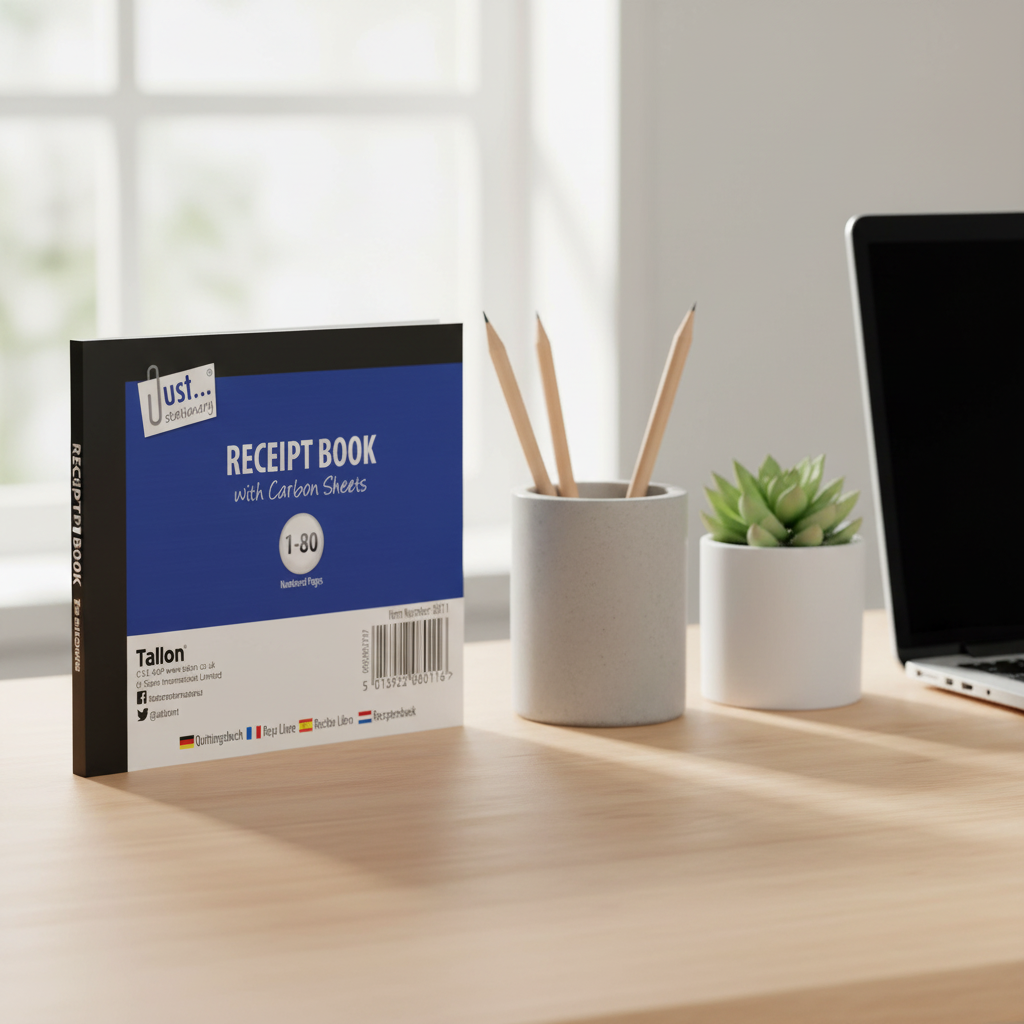Just Stationery Receipt Book on a tidy home office desk with pen holder and plant, natural window light