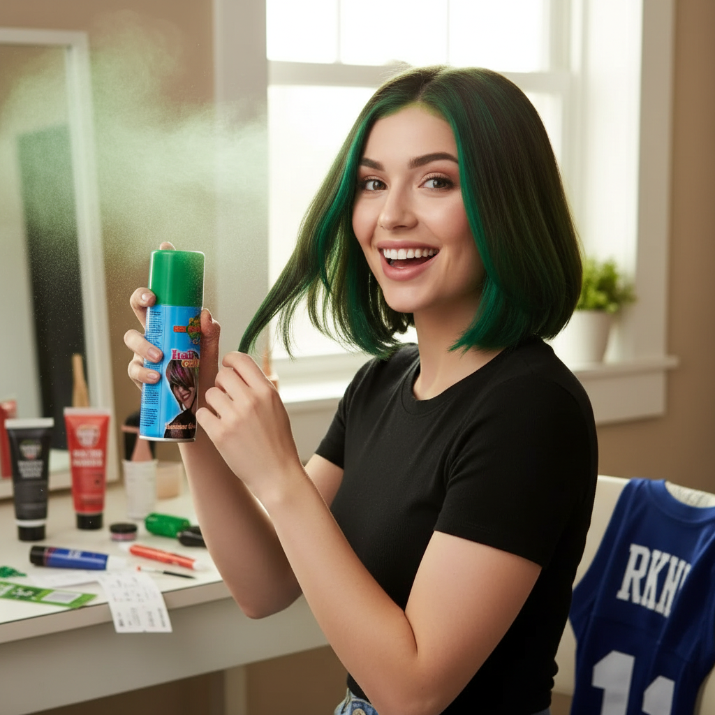 Person applying Party Success green temporary hair colour spray - easy application for instant transformation