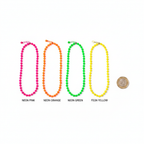 Flat lay of all 4 neon bead necklaces in pink, orange, green and yellow with £1 coin for scale reference