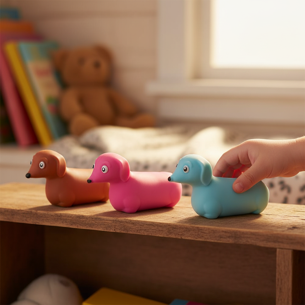 Three sausage dog squeeze toys in brown pink and blue lined up on bedroom shelf in golden hour light with child reaching for blue one