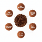 Premium feature infographic for warm auburn copper curly messy hair bun 33/30 Sunrose showing key features: heat resistant, auburn copper curls, lightweight, easy clip-in, all hair types