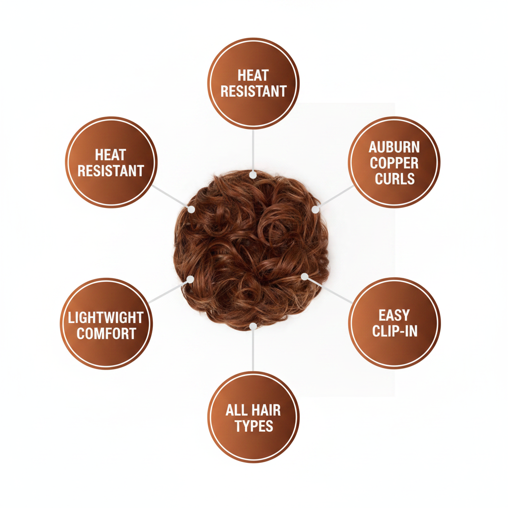 Premium feature infographic for warm auburn copper curly messy hair bun 33/30 Sunrose showing key features: heat resistant, auburn copper curls, lightweight, easy clip-in, all hair types