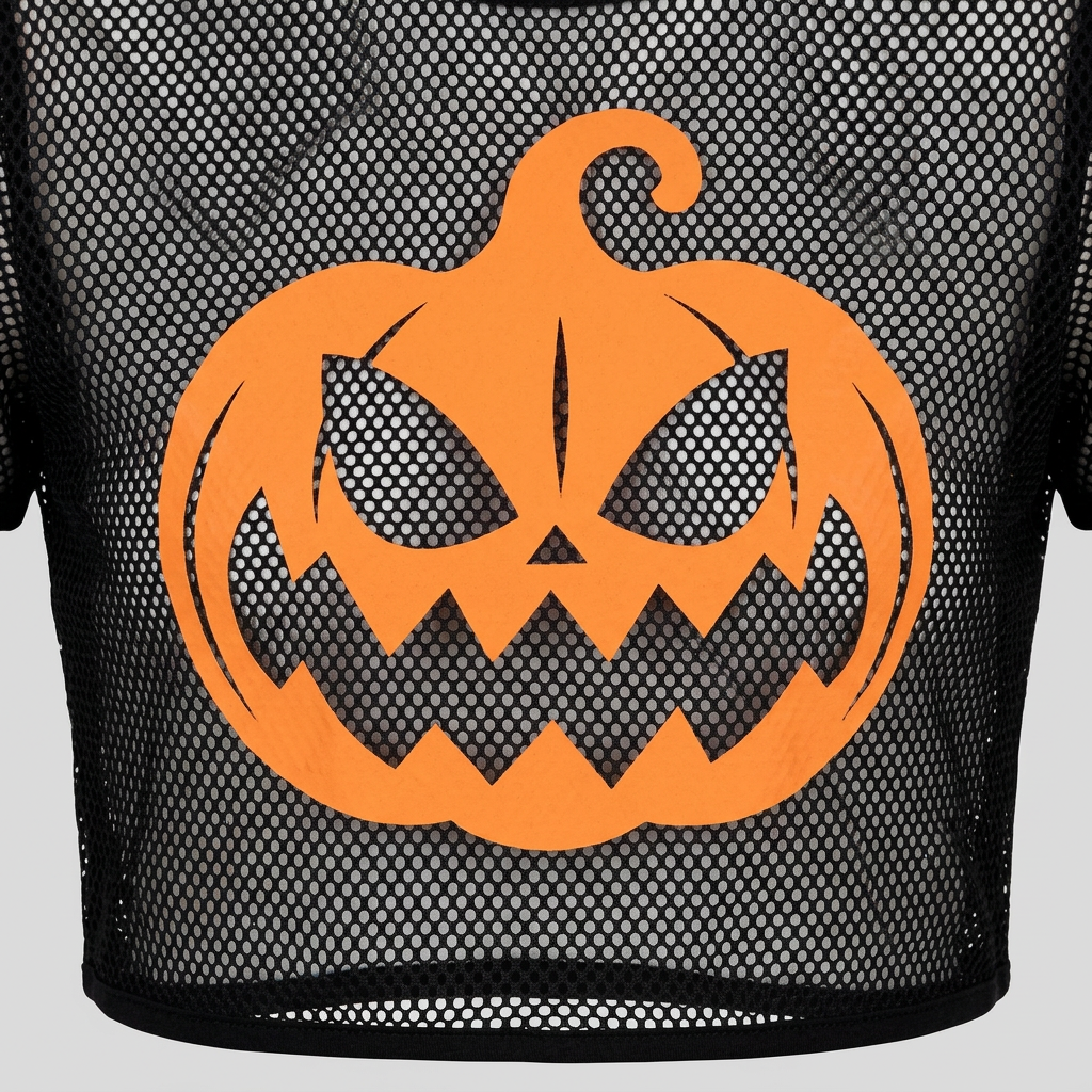 Close-up of the orange jack-o'-lantern print and black mesh texture on the Halloween crop top.