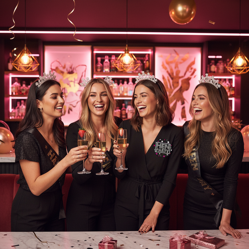 Group of women celebrating at a hen party, bride wearing Big Badge Bride To Be pin badge