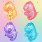 All four Stretch and Squeeze Dinosaur Gel Toy colours arranged in 2x2 grid on pastel gradient background with glitter stars