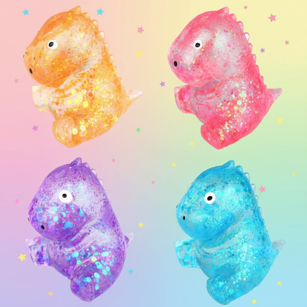All four Stretch and Squeeze Dinosaur Gel Toy colours arranged in 2x2 grid on pastel gradient background with glitter stars