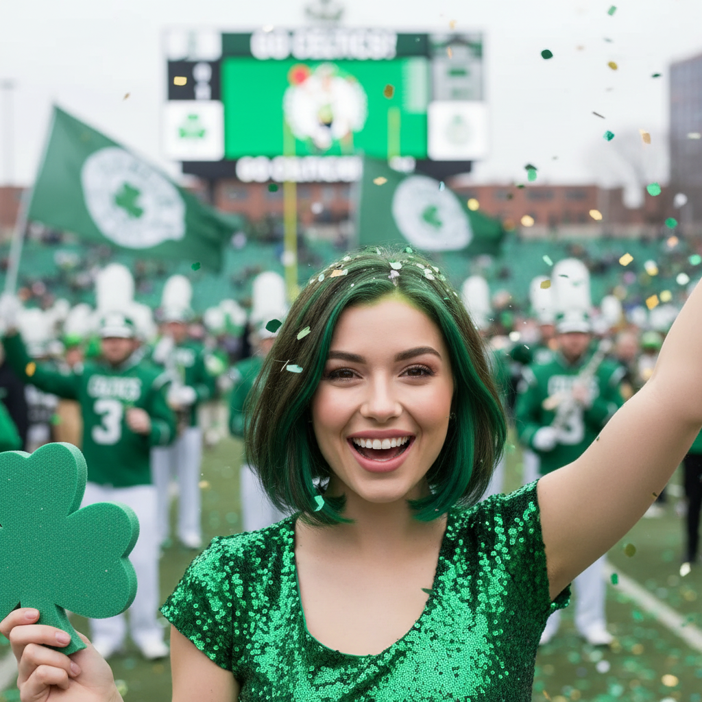 Person with vibrant green temporary hair colour at celebration - Party Success hair spray results