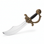 Close-up of silver pirate cutlass sword with ornate bronze guard on white background